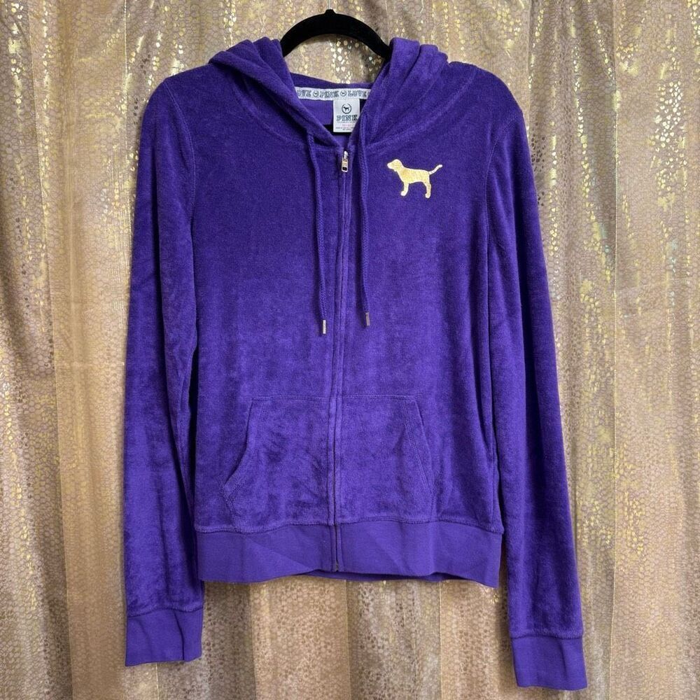 Vintage VS PINK Y2K Purple Gold Terry Cloth Zip Up Sweater Medium
